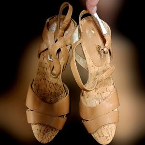 Cork heel tan leather sandals